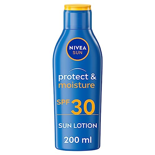 NIVEA SUN Protect & Moisture Sun Lotion SPF 30 (200 ml), Suncream with Vitamin C and Hyaluron, Provides 48H Moisture & Immediate UVA & UVB Protection, Fast-Absorbing No White Cast Formula