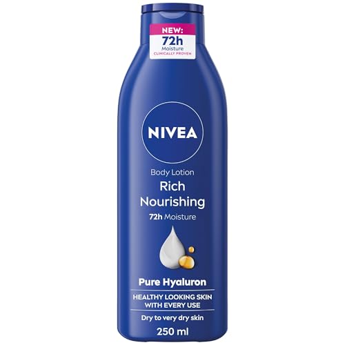 NIVEA Rich Nourishing Body Lotion (250ml), Rich 72H Hydration Moisturiser for Dry Skin Made with Deep Moisture Serum and Almond Oil, Intensive Hydration Body Lotion