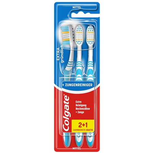 Colgate Extra Clean Medium Manual Toothbrush (Assorted) with a Cleaning Tip that Reaches and Cleans Back Teeth (Pack of 3)