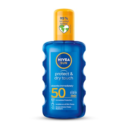 NIVEA SUN Protect & Dry Touch Invisible Sun Spray SPF 50 (200 ml), Water-Resistant Sun Cream, Immediate Protection against UVA & UVB Rays, Transparent/No White Marks