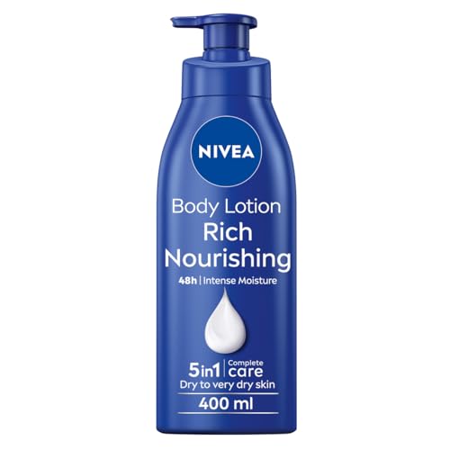 NIVEA Rich Nourishing Body Lotion (400ml), Rich 72H Hydration Moisturiser for Dry Skin Made with Deep Moisture Serum and Almond Oil, Intensive Hydration Body Lotion