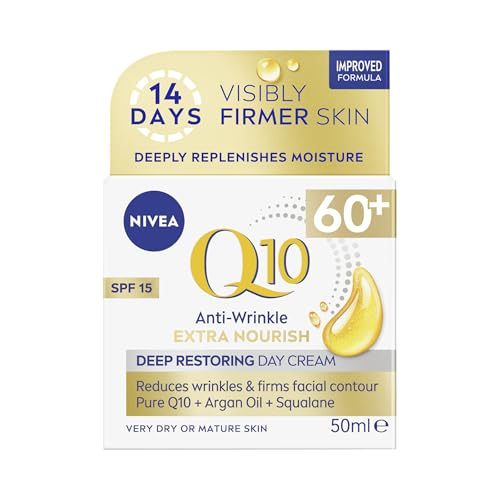 NIVEA Q10 Anti-Wrinkle 60+ Extra Nourishing Day Cream SPF15 (50ml), Deeply Restoring Anti Wrinkle Face Cream for Intense Hydration, Reduces Wrinkles and Firms Skin, Dry Skin Face Moisturiser