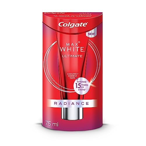 Colgate Max White Ultimate Radiance Whitening Toothpaste 75ml - 10X Whiter Teeth* - Instant Teeth Whitening Toothpaste^ - Deeply* Whitens - Helps Prevent Future Stains - Enamel Safe for Daily Use
