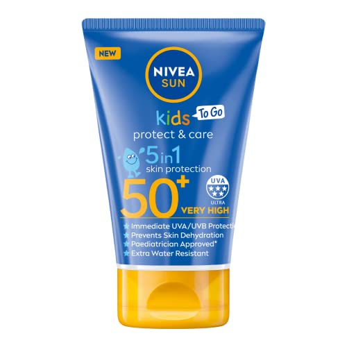 NIVEA SUN Kids Protect and Care SPF 50+ To Go Lotion (50ml), Water-Resistant Sunscreen, Kid's Sun Cream Provides Highly Effective UVB and 5 Star UVA Protection