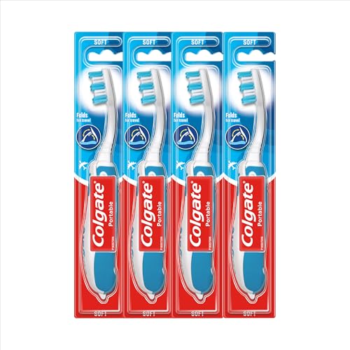 Colgate Portable Toothbrush - Travel Toothbrush Folds for Travelling - Adult Toothbrush with Soft Bristles - Toothbrush Multipack - 4 Pack