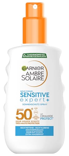 Garnier Ambre Solaire Sensitive Expert+ Sun Protection Spray with SPF 50+ Waterproof and Residue-Free Spray for Sensitive Skin 1 x 150 ml