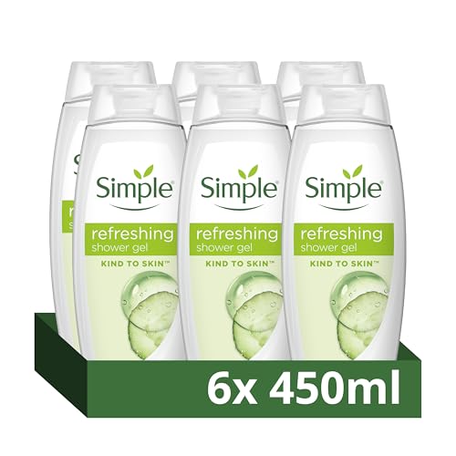 Simple Kind to Skin Refreshing Shower Gel Body Wash with cucumber extracts and pro-vitamin B5 for sensitive skin 6x 450 ml
