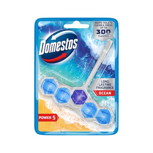Domestos Power 5 Ocean Toilet Rim Block toilet freshener with a long-lasting fragrance cleans and freshens for up to 300 flushes 50 g
