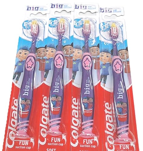 Colgate Kids Toothbrushes Multipack 6-9 Years - Multi-Height Soft bristles Clean Big and Small Teeth - Rounded tip for Easy Reach of Back Teeth - swhite bristles Toothpaste Guide - 4 Pack