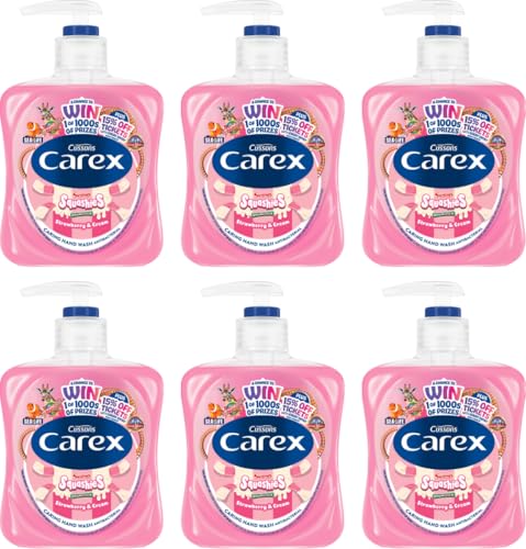 Carex Fun Editions Squashies Strawberry & Cream Hand Wash Pack of 6, Antibacterial Hand Soap with Edition Swizzles Love Hearts Fragrance, Soap that Cleans, Cares and Protects, 6 x 250ml